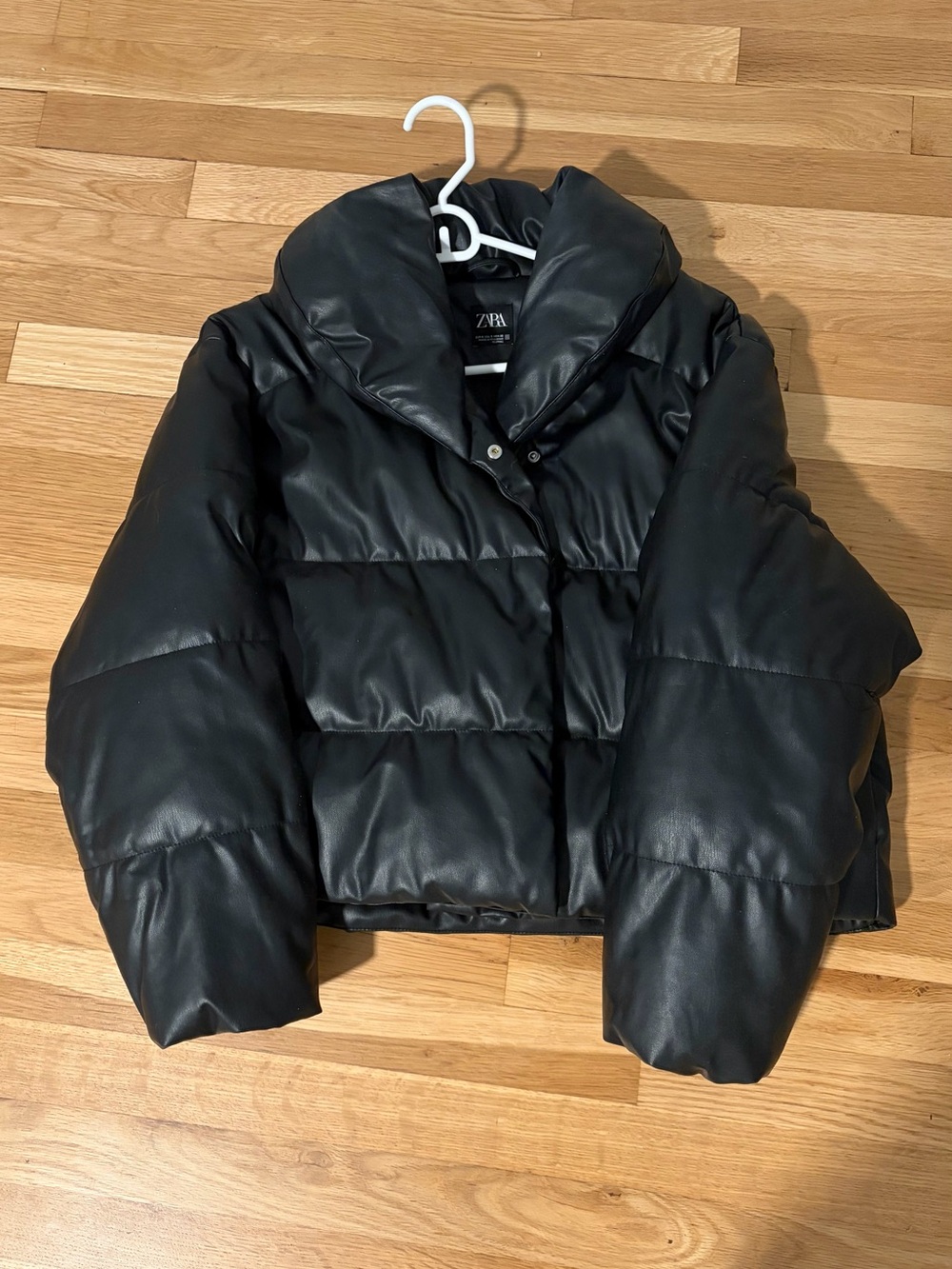 ZARA Black Faux Leather Cropped Puffer Jacket